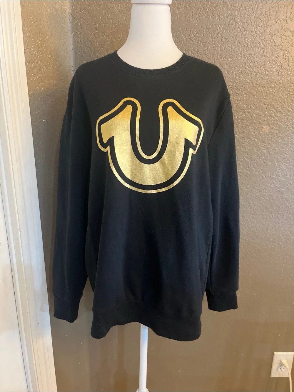 True Religion Men’s Black Crewneck Sweatshirt with Gold Horseshoe Logo